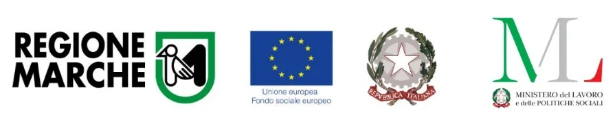 Loghi Regione Marche, Unione europea, Repubblica Italiana, Ministero del Lavoro